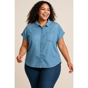 Calvin Klein 2X Plus Chambray Lyocell Denim Button Front Short Sleeve Top Blue‎